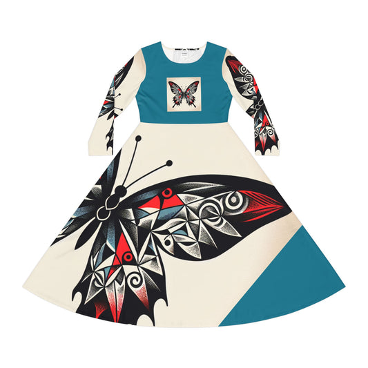 Butterfly Print Long Sleeve Dance Dress, Elegant Dancewear, Boho Style Dress, Perfect for Parties, Dance Events, and Celebrations