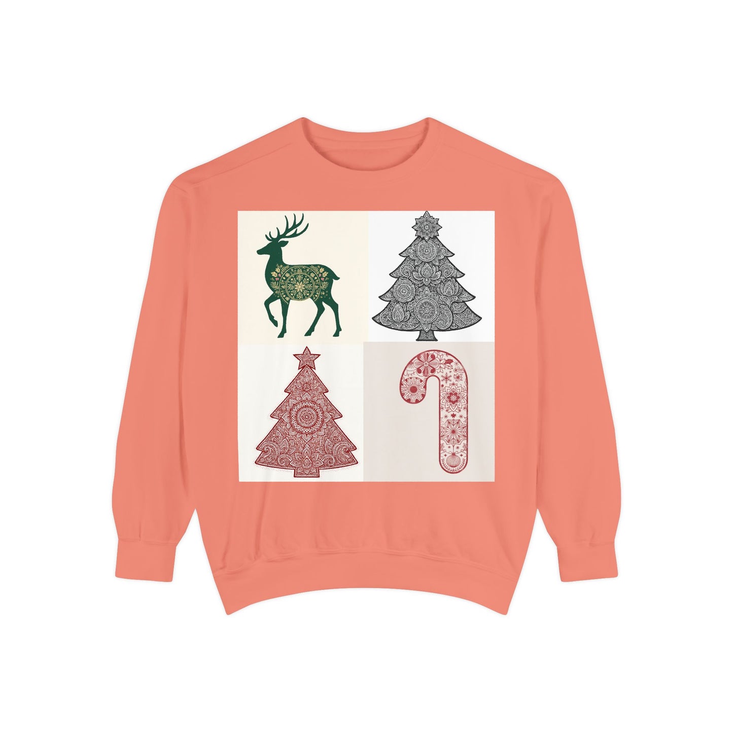 Christmas Patchwork Sweatshirt — Reindeer, Trees & Candy Cane Holiday Pullover