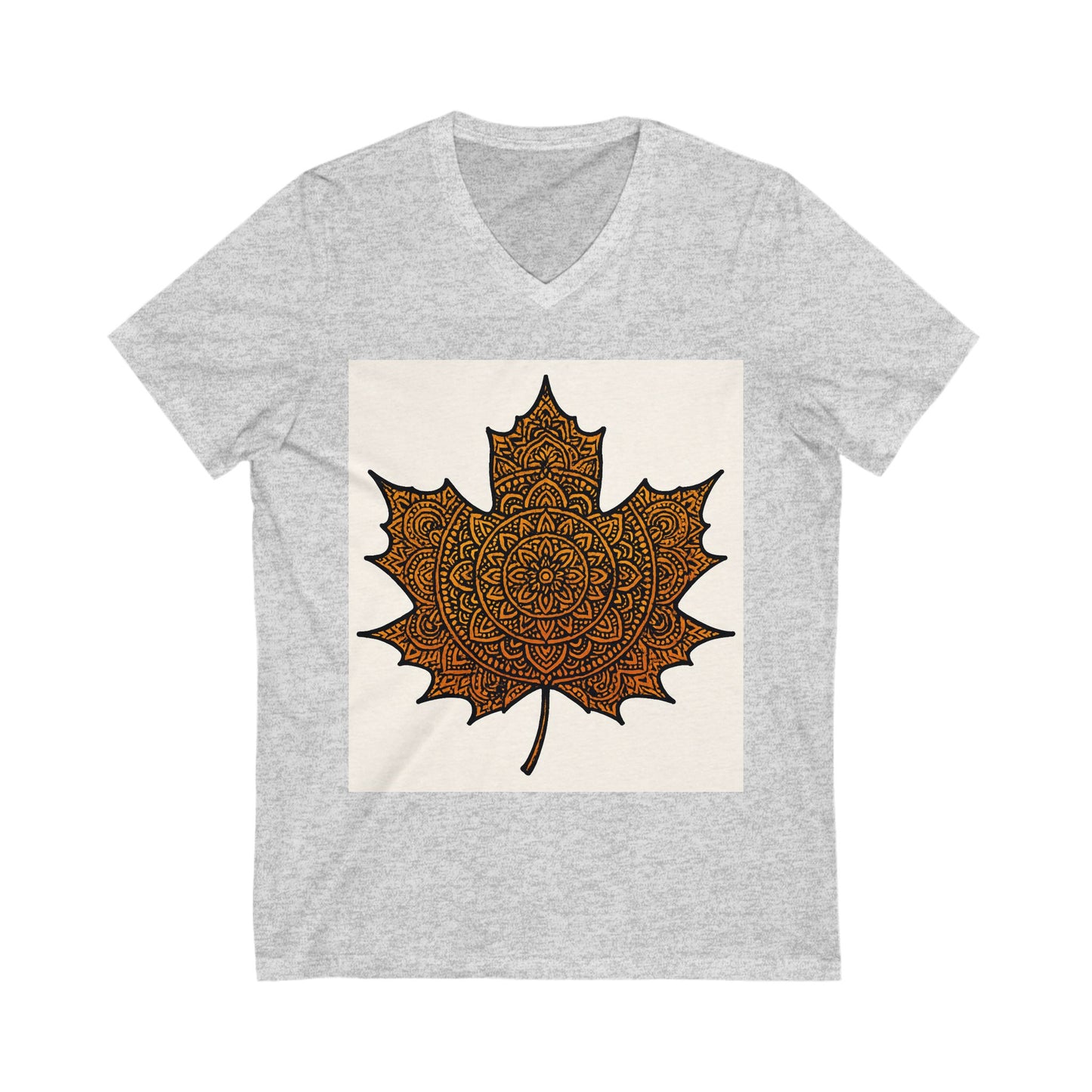 Autumn Leaf Mandala V-Neck Tee, Cozy Fall Shirt, Bohemian Style Top, Nature Lover Gift, Seasonal Fashion, Unisex Casual Wear