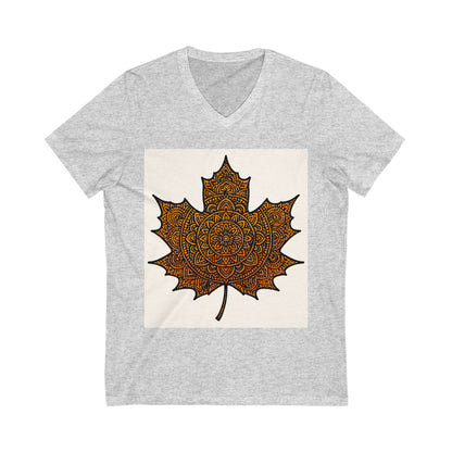 Autumn Leaf Mandala V-Neck Tee, Cozy Fall Shirt, Bohemian Style Top, Nature Lover Gift, Seasonal Fashion, Unisex Casual Wear