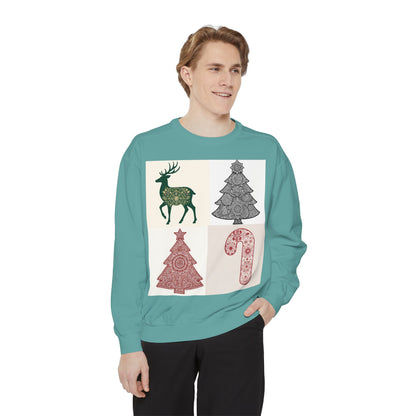 Christmas Patchwork Sweatshirt — Reindeer, Trees & Candy Cane Holiday Pullover