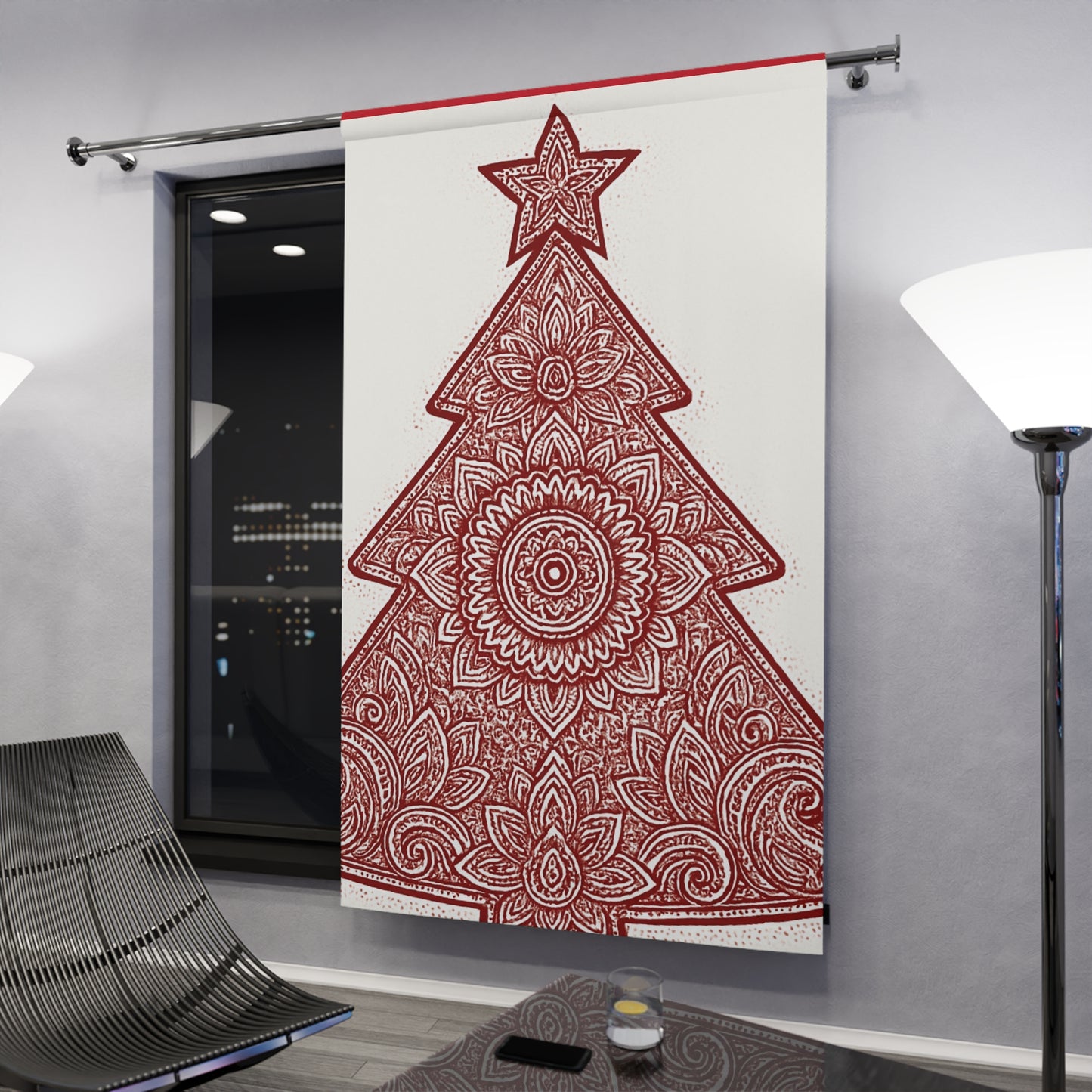 Holiday Curtain Panel — Red Mandala Christmas Tree Window Curtain