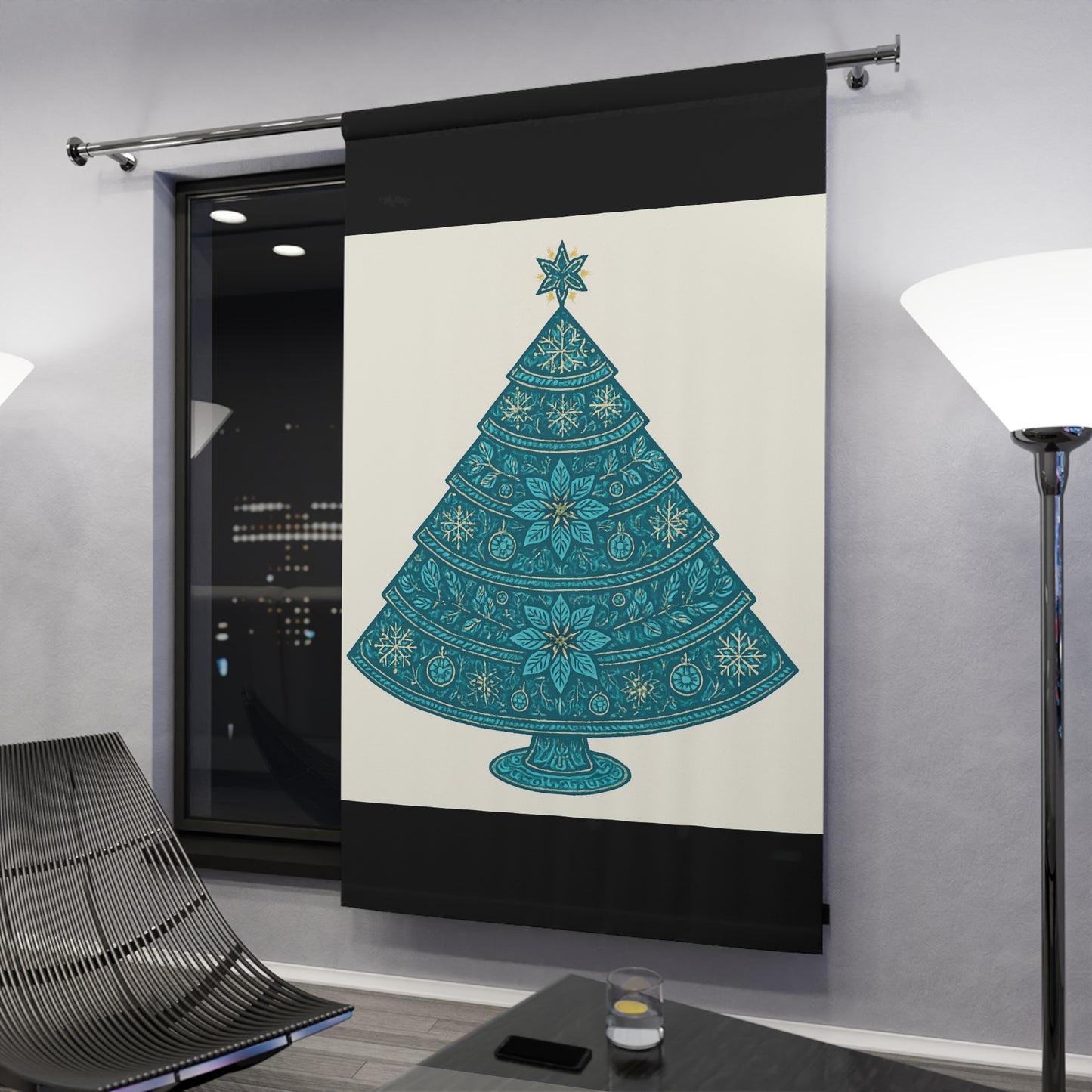 Teal Mandala Christmas Tree Window Curtain - Holiday Décor Panel