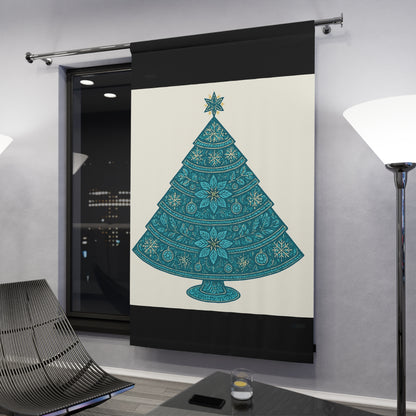 Teal Mandala Christmas Tree Window Curtain - Holiday Décor Panel