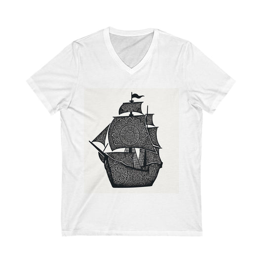 Nautical mandala Adventure V-Neck Tee, Ship Graphic Shirt, Summer Style T-Shirt, Maritime Gift, Beachwear, Unisex Casual Tee