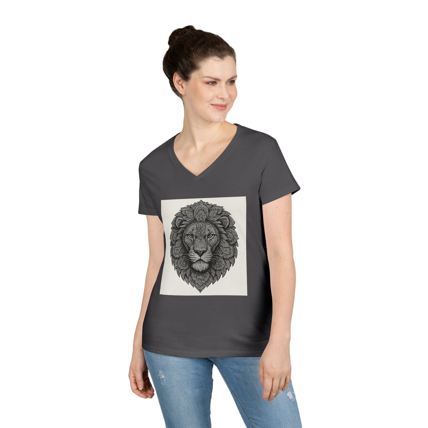 Majestic Lion Ladies' V-Neck T-Shirt, Animal Print Tee, Nature Lover Gift, Casual Wear, Birthday Present, Wildlife Enthusiast Shirt