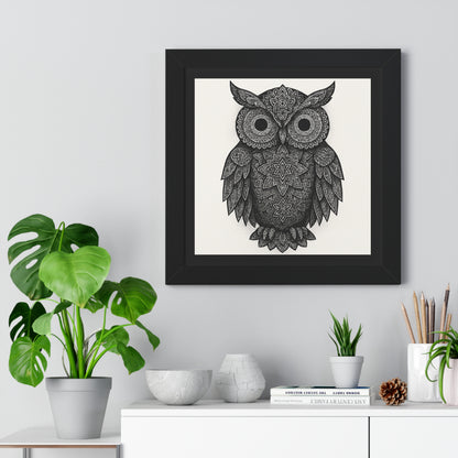 Framed Owl Art Print — Intricate Black & White Mandala Poster