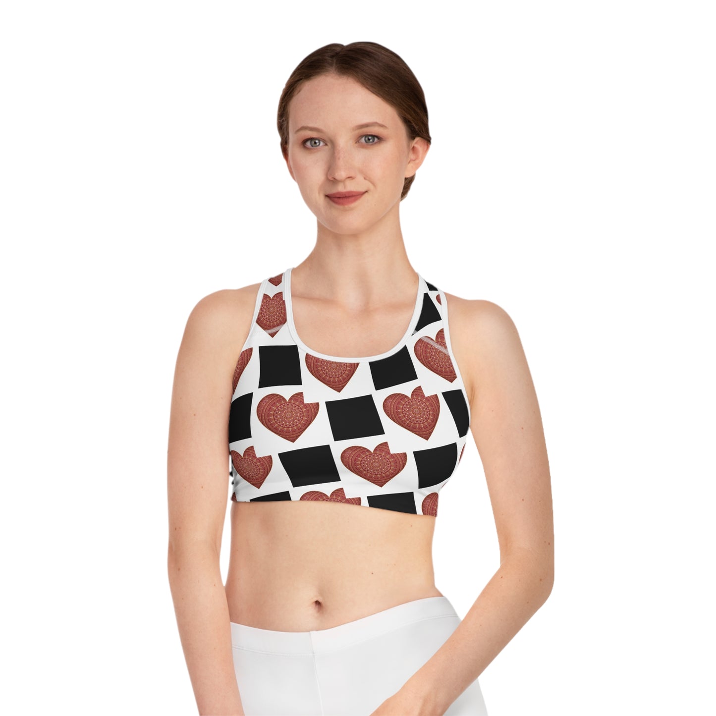 Heart Pattern Sports Bra — Red Mandala Hearts on Black & White Check