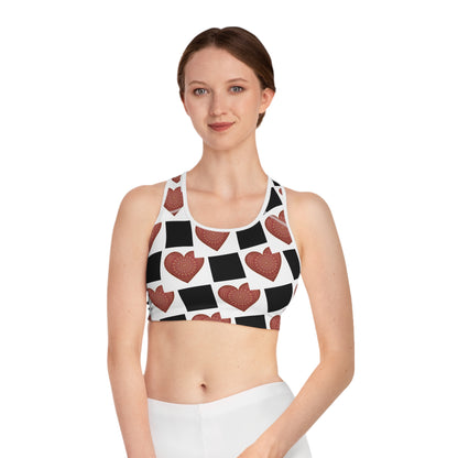 Heart Pattern Sports Bra — Red Mandala Hearts on Black & White Check