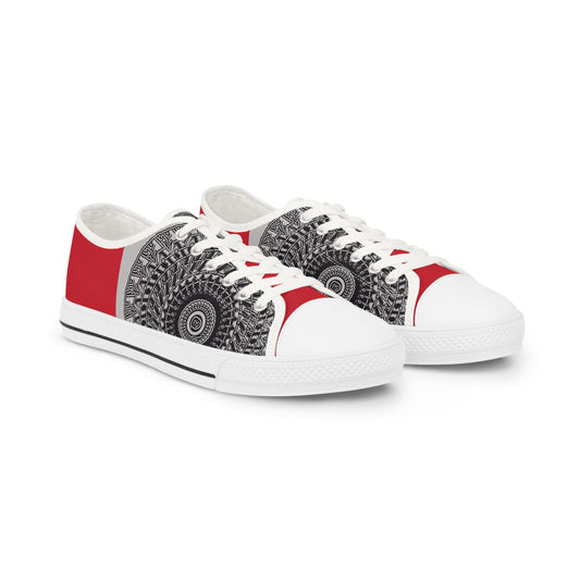 Stylish Men's Low Top Sneakers with Artistic Black & Red Design