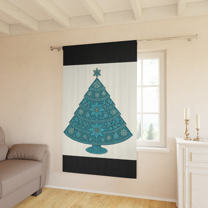 Teal Mandala Christmas Tree Window Curtain - Holiday Décor Panel