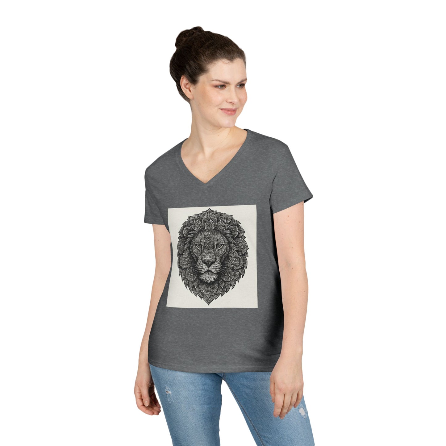 Majestic Lion Ladies' V-Neck T-Shirt, Animal Print Tee, Nature Lover Gift, Casual Wear, Birthday Present, Wildlife Enthusiast Shirt