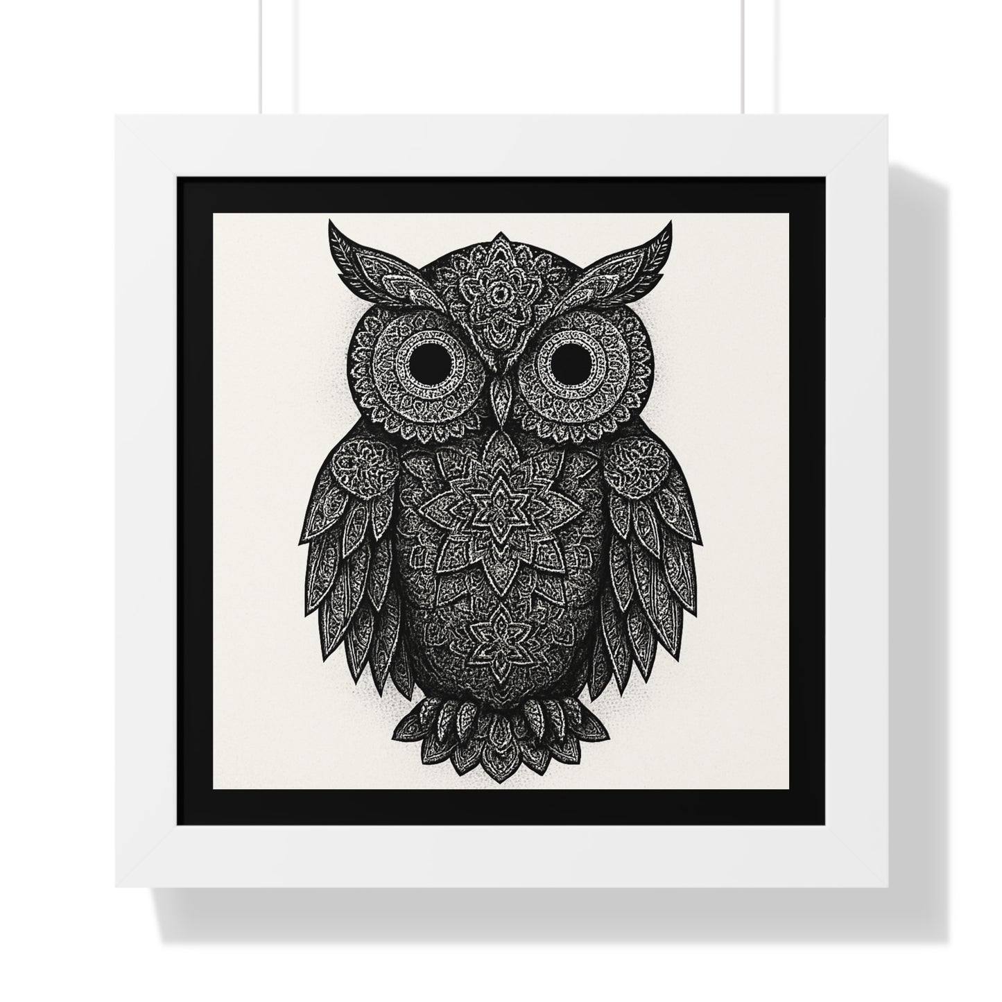 Framed Owl Art Print — Intricate Black & White Mandala Poster