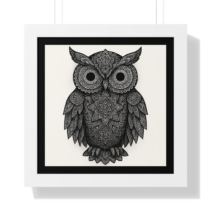 Framed Owl Art Print — Intricate Black & White Mandala Poster