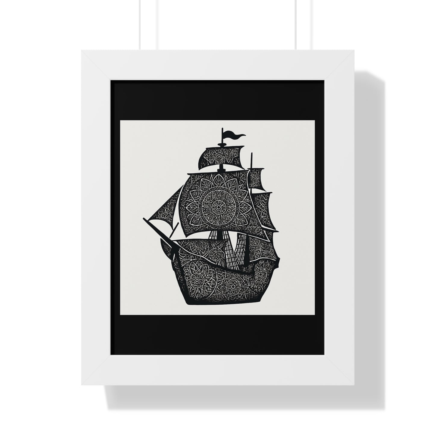 Black & White Mandala Ship Framed Vertical Poster — Nautical Zen Wall Art