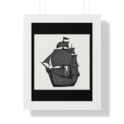Black & White Mandala Ship Framed Vertical Poster — Nautical Zen Wall Art