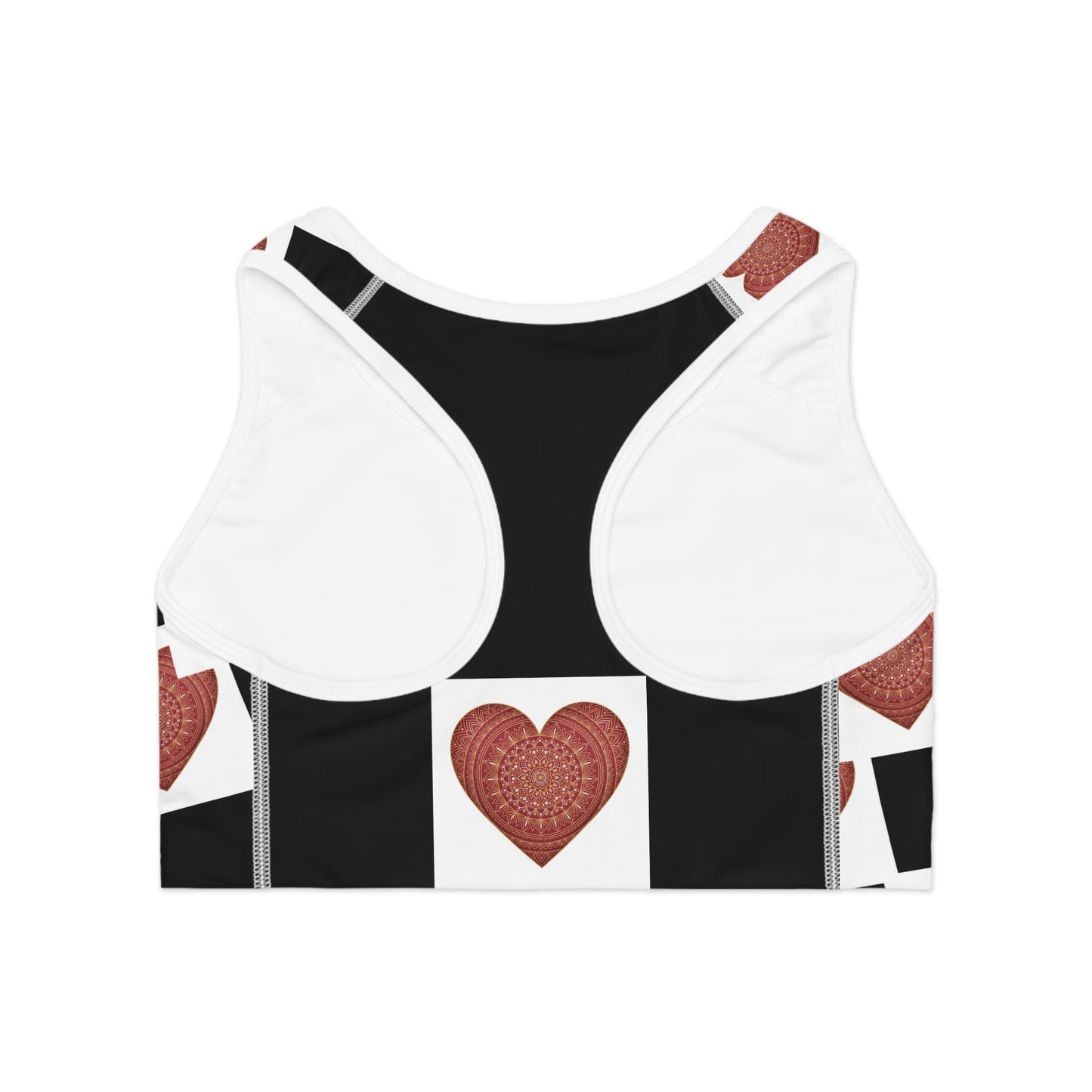 Heart Pattern Sports Bra — Red Mandala Hearts on Black & White Check