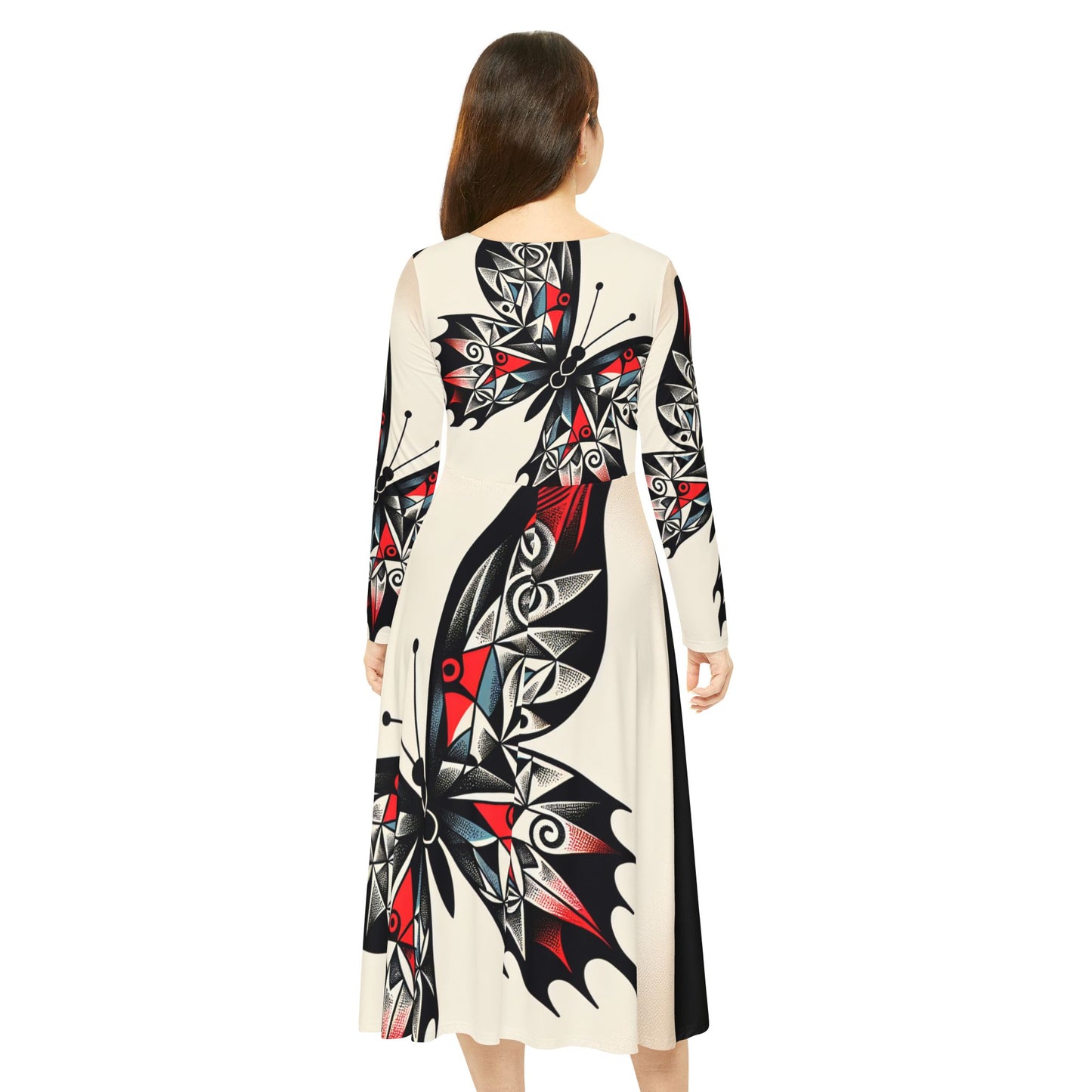 Butterfly Print Long Sleeve Dance Dress, Elegant Dancewear, Boho Style Dress, Perfect for Parties, Dance Events, and Celebrations