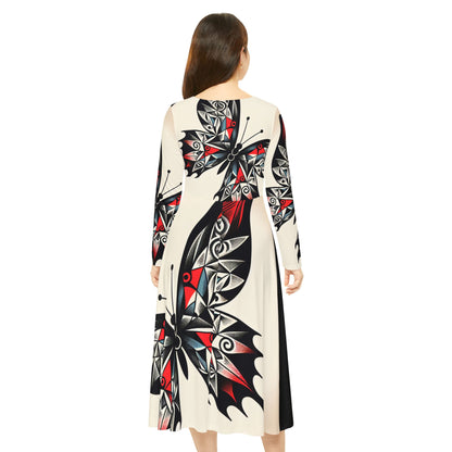 Butterfly Print Long Sleeve Dance Dress, Elegant Dancewear, Boho Style Dress, Perfect for Parties, Dance Events, and Celebrations