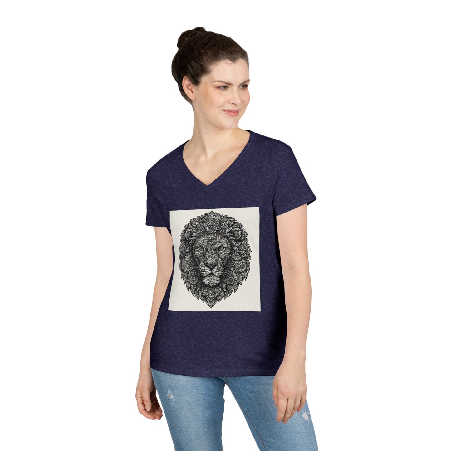 Majestic Lion Ladies' V-Neck T-Shirt, Animal Print Tee, Nature Lover Gift, Casual Wear, Birthday Present, Wildlife Enthusiast Shirt