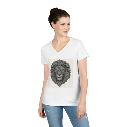Majestic Lion Ladies' V-Neck T-Shirt, Animal Print Tee, Nature Lover Gift, Casual Wear, Birthday Present, Wildlife Enthusiast Shirt