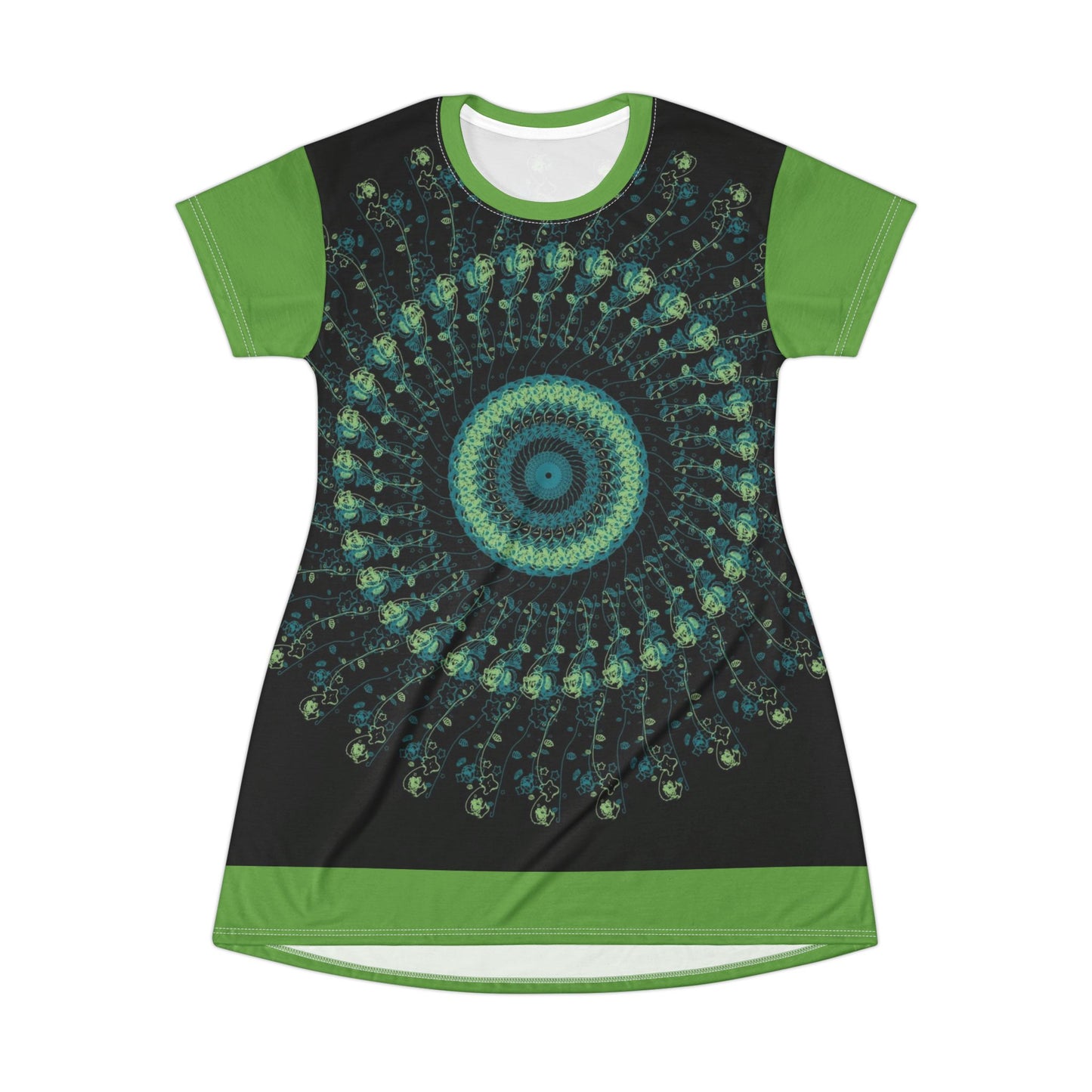 Spiral Mandala T-Shirt Dress | Boho Chic Casual Wear, Summer Dress, Festival Outfit, Eco-Friendly Fashion, Unique Gift Idea