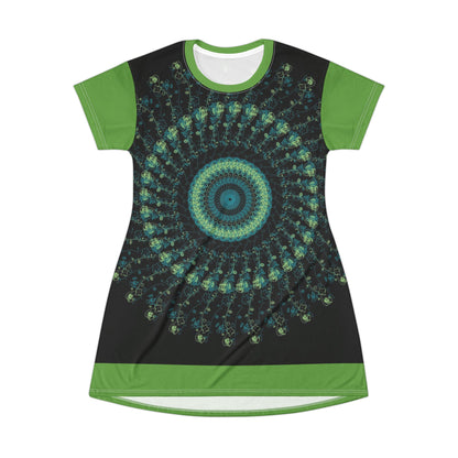 Spiral Mandala T-Shirt Dress | Boho Chic Casual Wear, Summer Dress, Festival Outfit, Eco-Friendly Fashion, Unique Gift Idea