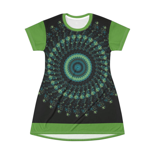 Spiral Mandala T-Shirt Dress | Boho Chic Casual Wear, Summer Dress, Festival Outfit, Eco-Friendly Fashion, Unique Gift Idea