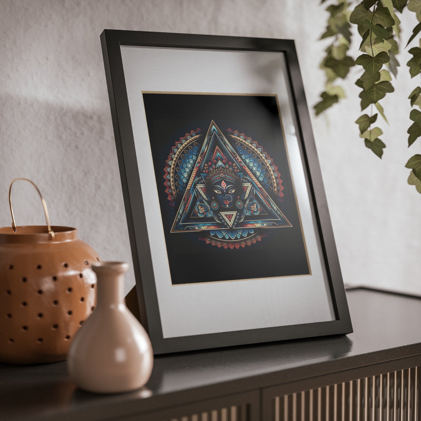 Framed Geometric Mandala Poster — Black Triangle Art Print