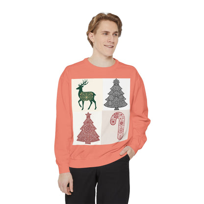Christmas Patchwork Sweatshirt — Reindeer, Trees & Candy Cane Holiday Pullover