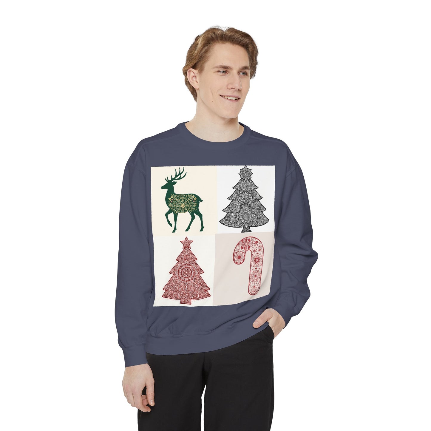 Christmas Patchwork Sweatshirt — Reindeer, Trees & Candy Cane Holiday Pullover
