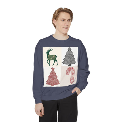 Christmas Patchwork Sweatshirt — Reindeer, Trees & Candy Cane Holiday Pullover