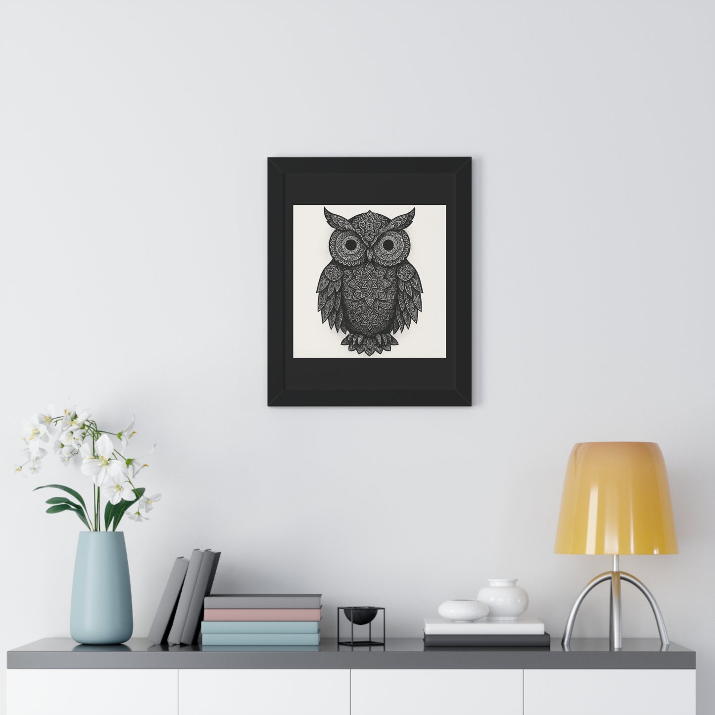 Framed Owl Art Print — Intricate Black & White Mandala Poster
