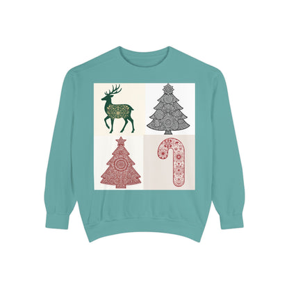 Christmas Patchwork Sweatshirt — Reindeer, Trees & Candy Cane Holiday Pullover