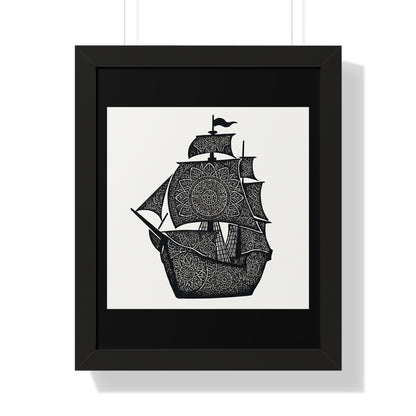 Black & White Mandala Ship Framed Vertical Poster — Nautical Zen Wall Art