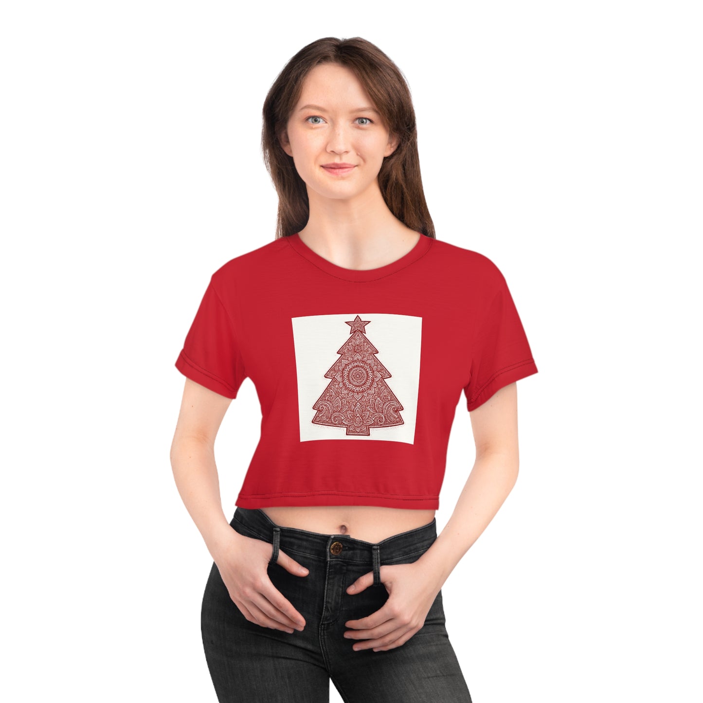 Christmas Tree Crop Tee — Red Holiday Graphic Top