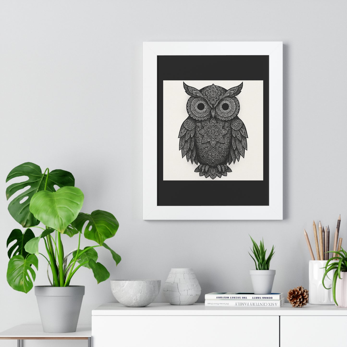 Framed Owl Art Print — Intricate Black & White Mandala Poster