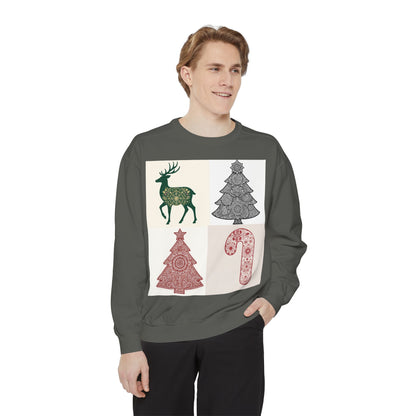 Christmas Patchwork Sweatshirt — Reindeer, Trees & Candy Cane Holiday Pullover