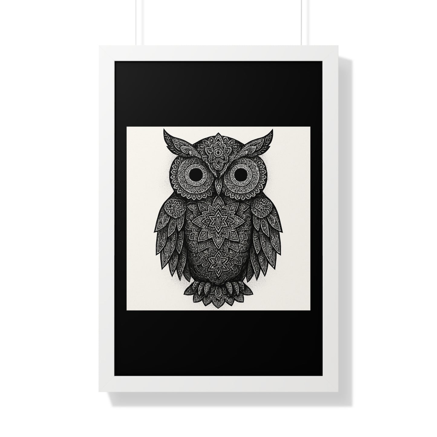Framed Owl Art Print — Intricate Black & White Mandala Poster
