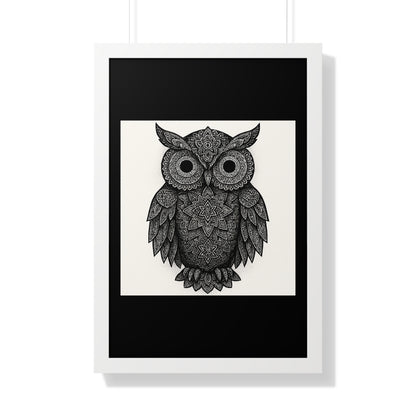 Framed Owl Art Print — Intricate Black & White Mandala Poster