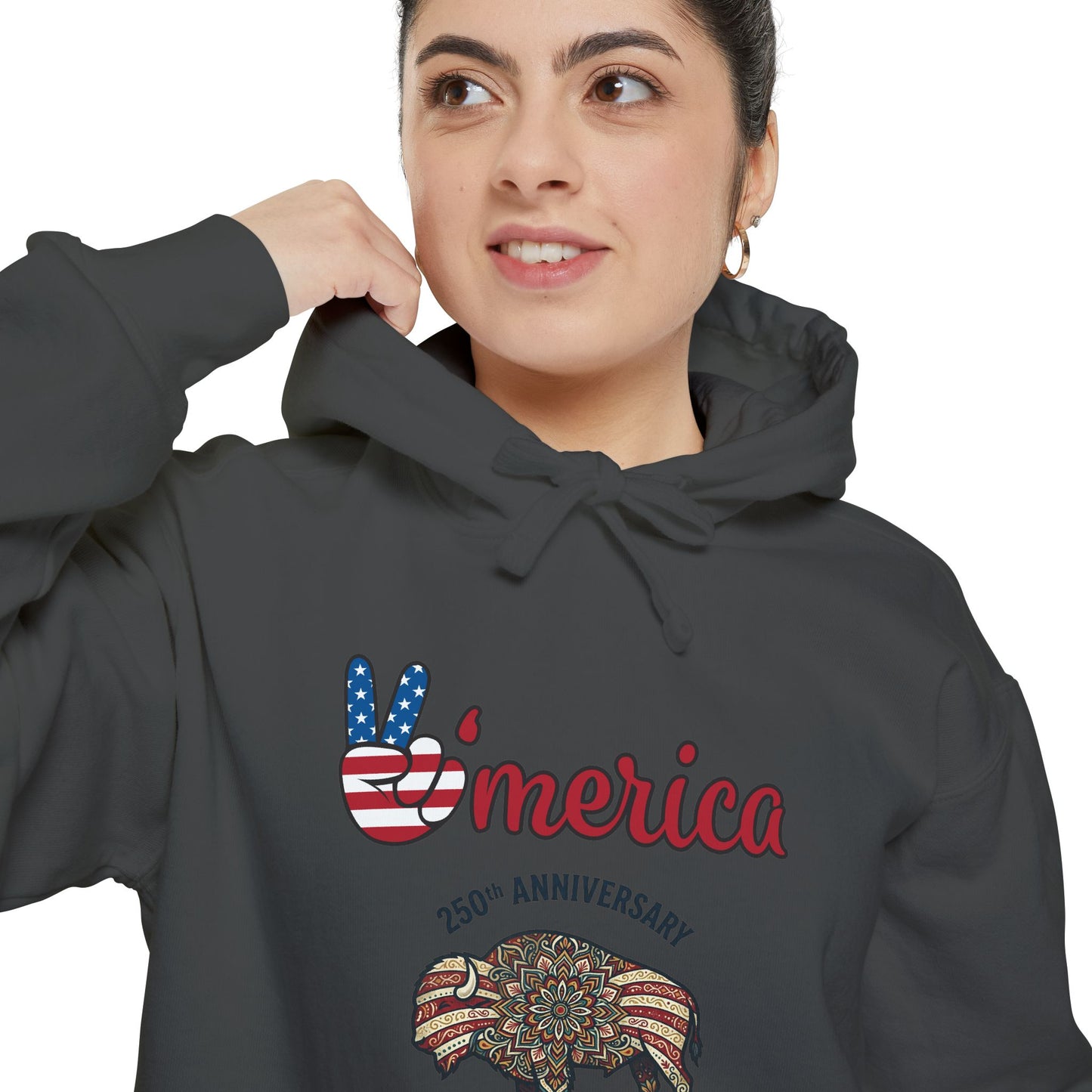 'Merica Peace Sign Hoodie — 250th Anniversary American Flag Bison