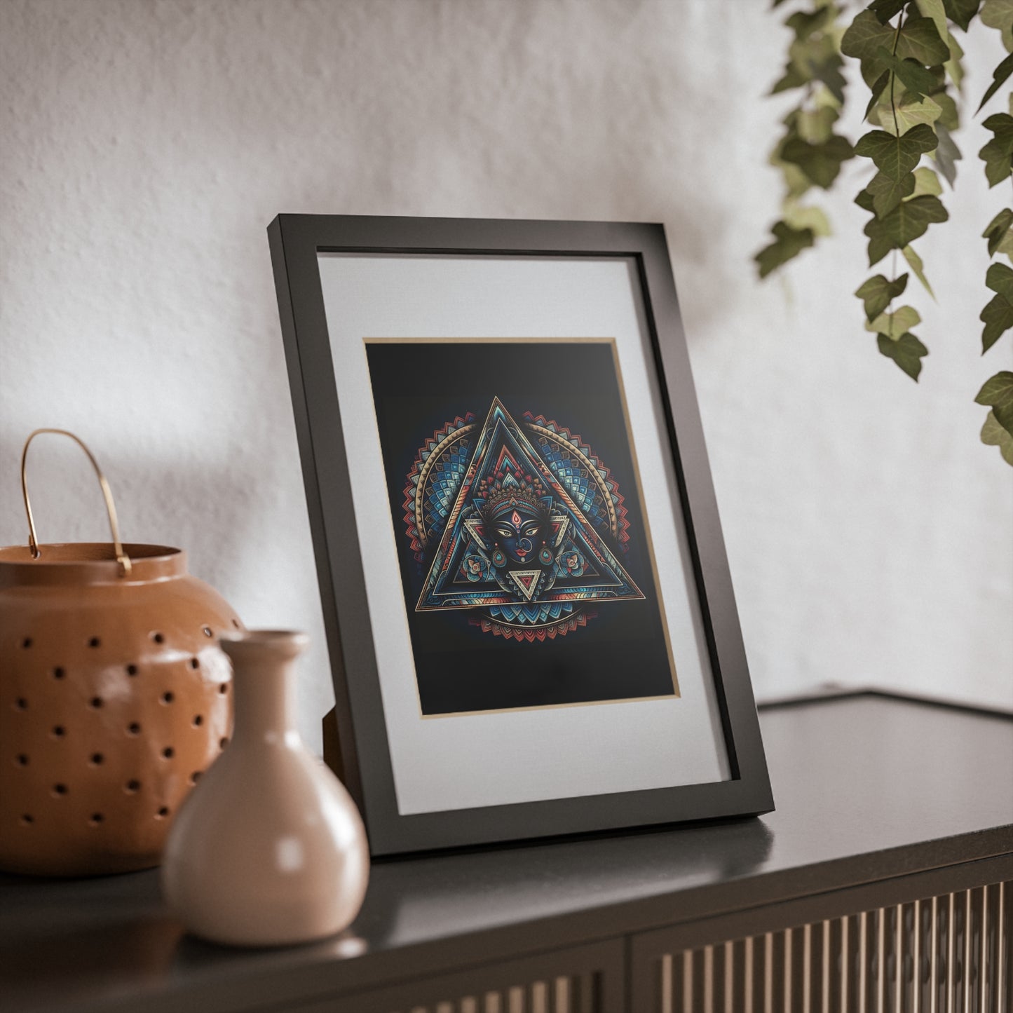 Framed Geometric Mandala Poster — Black Triangle Art Print