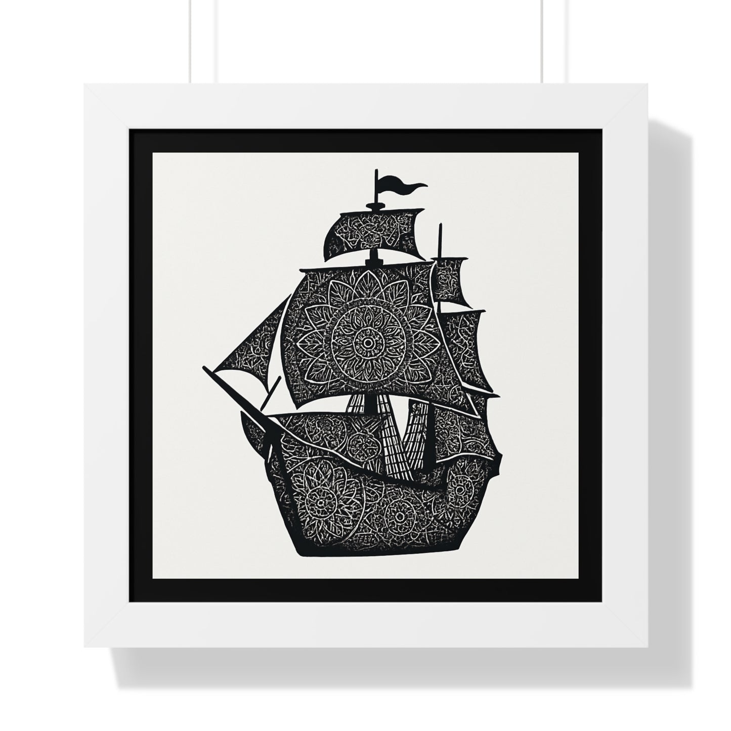 Black & White Mandala Ship Framed Vertical Poster — Nautical Zen Wall Art