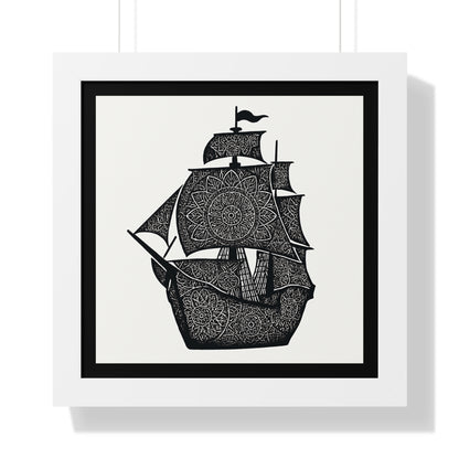 Black & White Mandala Ship Framed Vertical Poster — Nautical Zen Wall Art