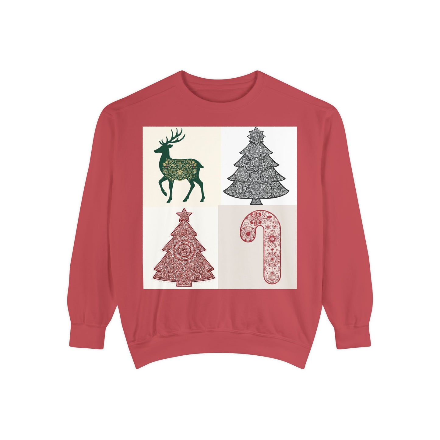 Christmas Patchwork Sweatshirt — Reindeer, Trees & Candy Cane Holiday Pullover