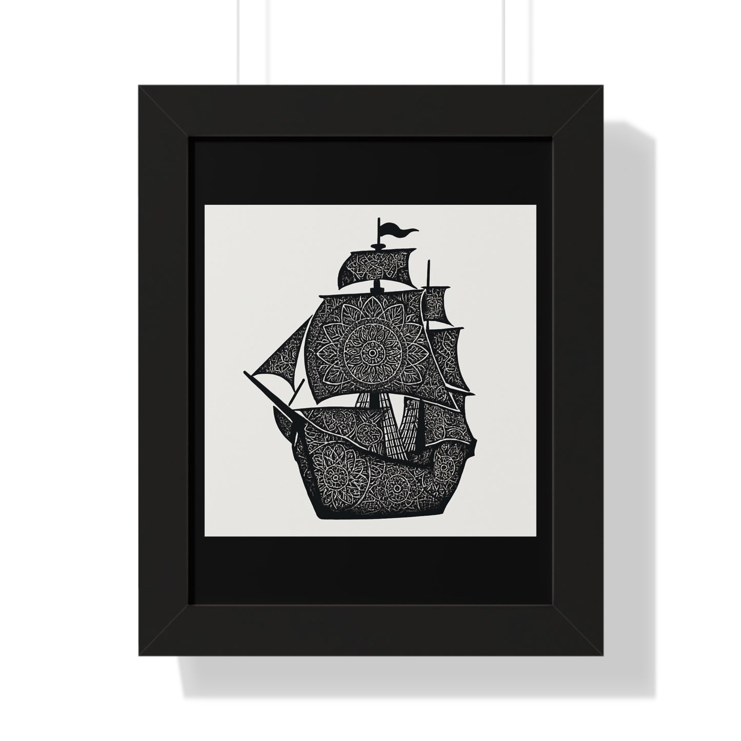 Black & White Mandala Ship Framed Vertical Poster — Nautical Zen Wall Art