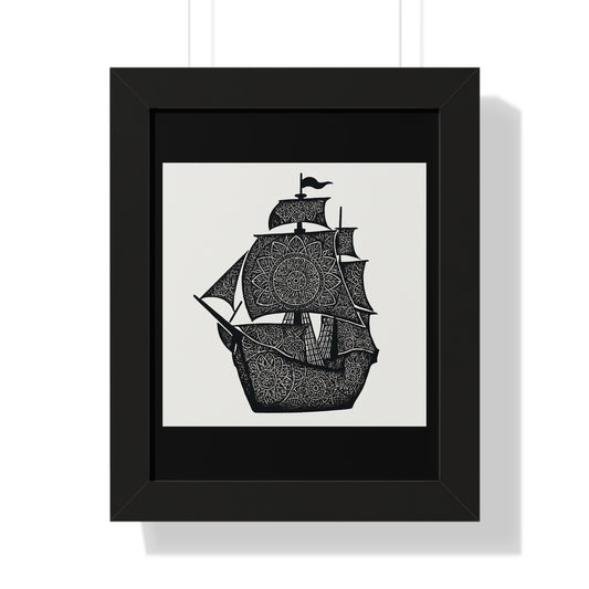 Black & White Mandala Ship Framed Vertical Poster — Nautical Zen Wall Art