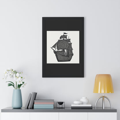 Black & White Mandala Ship Framed Vertical Poster — Nautical Zen Wall Art