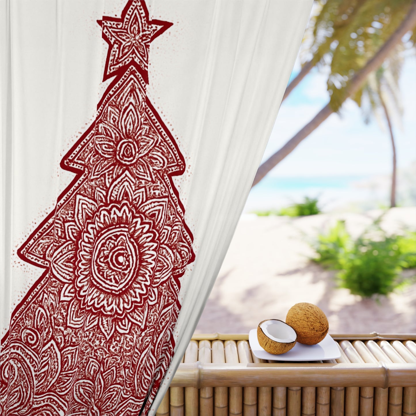 Holiday Curtain Panel — Red Mandala Christmas Tree Window Curtain