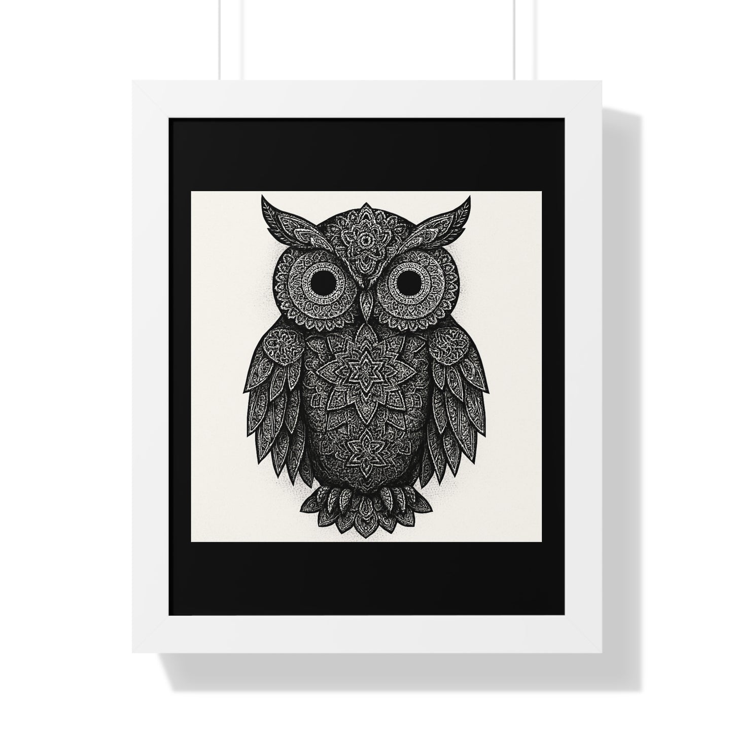 Framed Owl Art Print — Intricate Black & White Mandala Poster